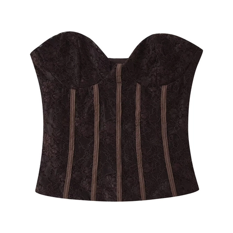 Damen Sexy Spitze Korsett Top Vintage Miederstäbe Körperformend Ärmellos Slim Fit Jacquard Herz-Ausschnitt Crop Top Party