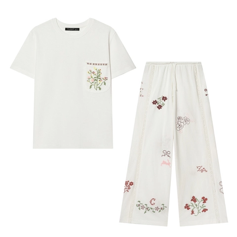 Damen Blumen Bestickt Weiß Zweiteiler Set Rundhals Kurzarm T-Shirt Und Spitze Spleißen Weites Bein Hose