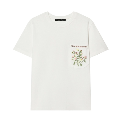 Damen Blumen Bestickt Weiß Zweiteiler Set Rundhals Kurzarm T-Shirt Und Spitze Spleißen Weites Bein Hose