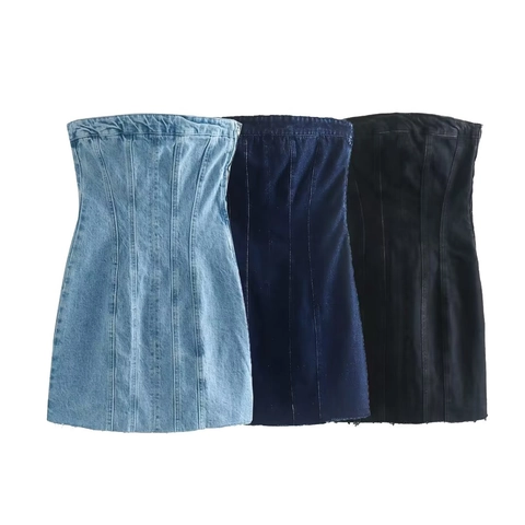 Vestido Mini de Denim para Mujer con Hombros Descubiertos Ajustado Estilo Corsé con Dobladillo sin Terminar y Cremallera Lateral Street Style