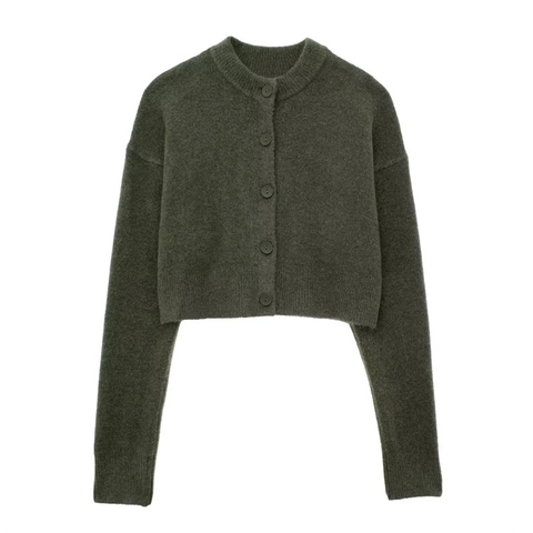 Damen Rundhals Strickjacke Kurz Geschnitten Einreihig Langarm Pullover Plüsch Weich Einfarbig Mode Chic Strickoberteil