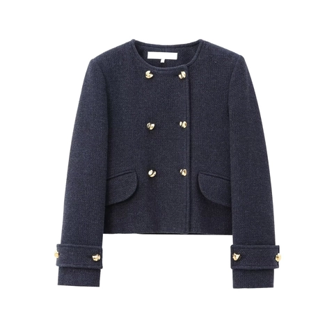 Veste Femme Élégante Double Boutonnage Style Tweed Et Jupe Midi Trapèze Bleu Marine Col Rond Vêtements De Dessus Et Jupe Ensembles