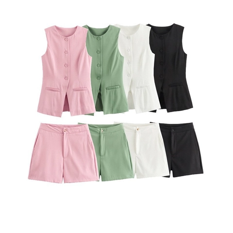 Damen Sommer Rundhalsausschnitt Ärmellos Einreihig Weste Und Hohe Taille Shorts Freizeitanzug Weiß Schwarz Grün Rosa