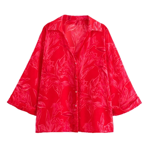 Women's Casual Floral Print Chiffon Blouse Sheer Loose Fit Long Sleeve Button Down Shirt Red Flower Pattern Summer Top