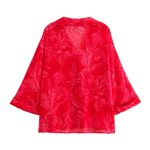 Women's Casual Floral Print Chiffon Blouse Sheer Loose Fit Long Sleeve Button Down Shirt Red Flower Pattern Summer Top