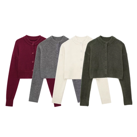 Damen Rundhals Strickjacke Kurz Geschnitten Einreihig Langarm Pullover Plüsch Weich Einfarbig Mode Chic Strickoberteil