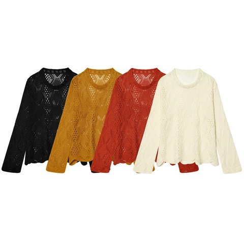 Damen Hohl Ausgehäkelt Strickpullover Geometrische Raute Häkeln Langarm Rundhals Lässig Lockere Passform Einfarbig Oberteil