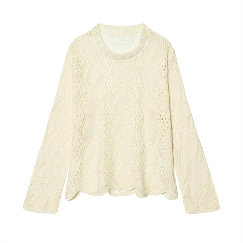 Damen Hohl Ausgehäkelt Strickpullover Geometrische Raute Häkeln Langarm Rundhals Lässig Lockere Passform Einfarbig Oberteil