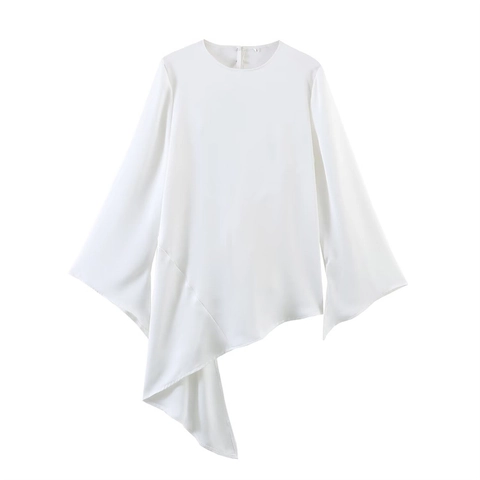 Damen Casual Satin Asymmetrisches Top Rückenfrei Bindung Glockenärmel Weiße Bluse Minimalistisch Elegant Langarm Hemd