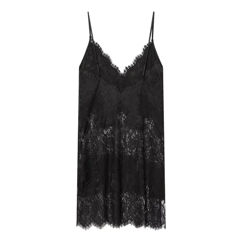 Γυναικείο Sexy Μαύρο Σατέν Δαντέλα Slip Mini Φόρεμα V-λαιμόκοψη Spaghetti Strap Δαντέλα Βλεφαρίδων Σύνδεση Lingerie Νυχτικό