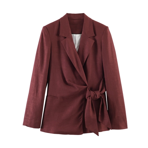 Dames Casual Linnenmix Blazer Wijde Pijpen Broek Pak Reverskraag Double Breasted Strikband Tweeledige Set