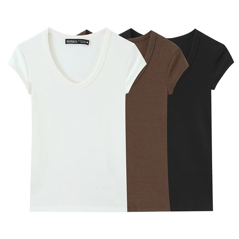 Women Korean Style Slim Fit Deep U Neck Short Sleeve T-Shirt Basic Solid Color Casual Summer Commuter Top Essential Clothing