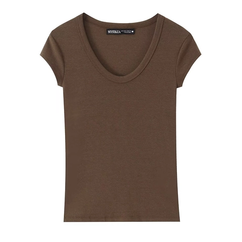 Women Korean Style Slim Fit Deep U Neck Short Sleeve T-Shirt Basic Solid Color Casual Summer Commuter Top Essential Clothing