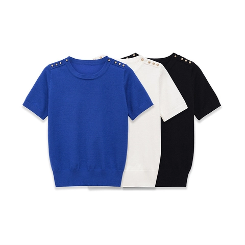 Top de Punto de Manga Corta Casual para Mujer Cuello Redondo Pullover T-Shirt Con Botones Dorados en el Hombro Tejidos Básicos Color Sólido