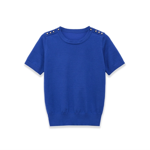 Top de Punto de Manga Corta Casual para Mujer Cuello Redondo Pullover T-Shirt Con Botones Dorados en el Hombro Tejidos Básicos Color Sólido