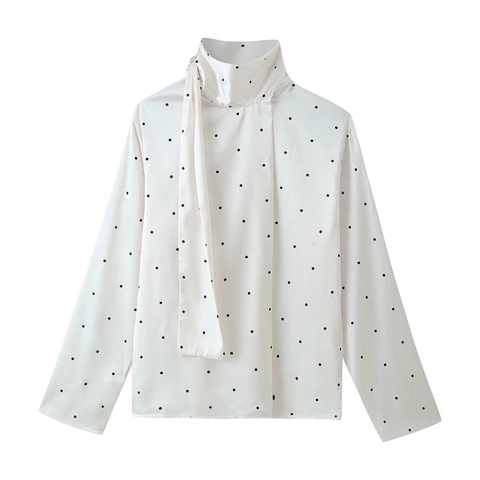 Damen Polka Dot Satin Bluse Schleifenkragen Hoher Ausschnitt Langarm Perlweißes Hemd Lockere Passform Streetwear Top Frühling Herbst