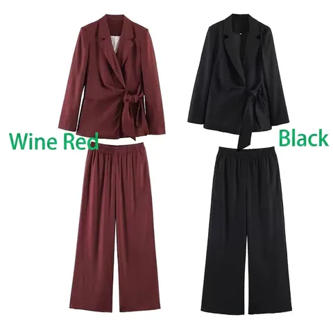 Dames Casual Linnenmix Blazer Wijde Pijpen Broek Pak Reverskraag Double Breasted Strikband Tweeledige Set