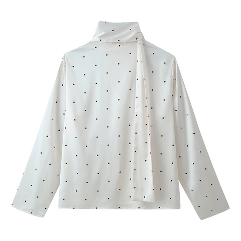Damen Polka Dot Satin Bluse Schleifenkragen Hoher Ausschnitt Langarm Perlweißes Hemd Lockere Passform Streetwear Top Frühling Herbst