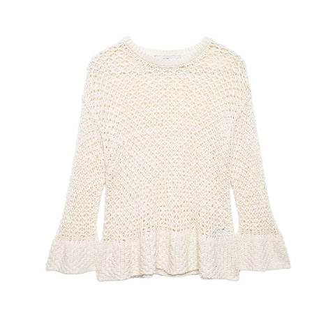 Top Casual de Punto de Ganchillo para Mujer Manga Larga Acampanada Cuello Redondo Beige Color Sólido Jersey Boho
