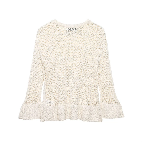 Top Casual de Punto de Ganchillo para Mujer Manga Larga Acampanada Cuello Redondo Beige Color Sólido Jersey Boho