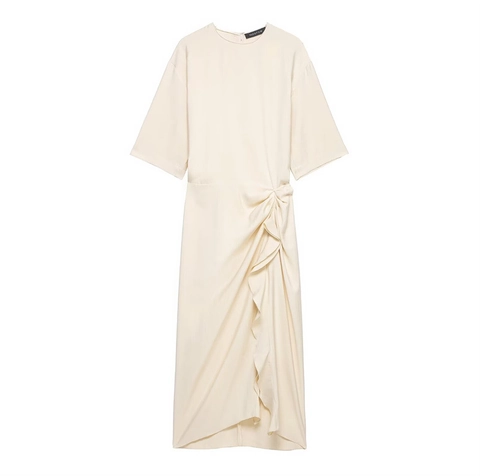 Elegant Women Ruched Midi Dress Round Neck Half Sleeve Side Pleated Ruffle Solid Color Long Dress Minimalist Commuter Wear