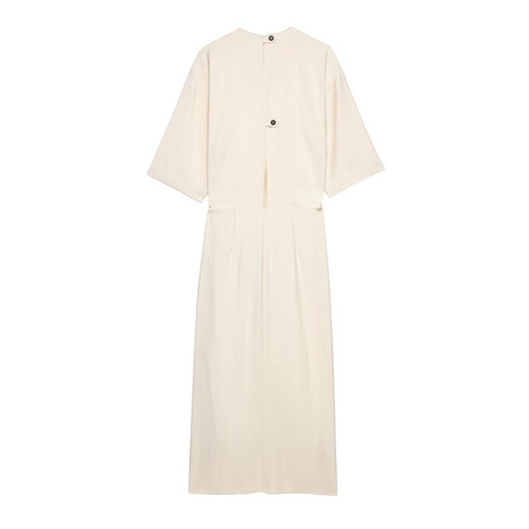 Elegant Women Ruched Midi Dress Round Neck Half Sleeve Side Pleated Ruffle Solid Color Long Dress Minimalist Commuter Wear