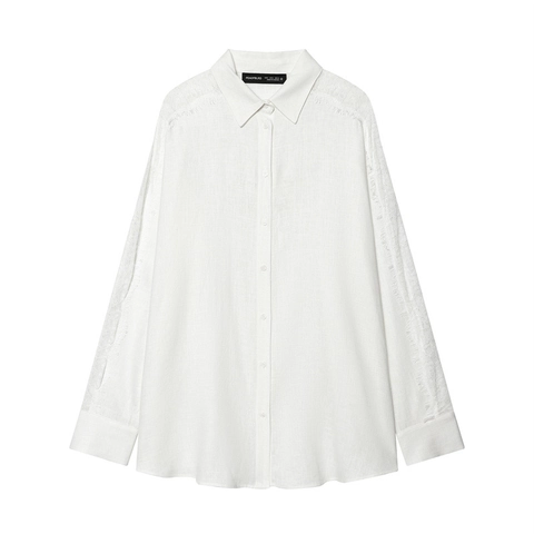 Camisa de Mezcla de Lino Casual Holgada para Mujer Patchwork de Encaje Manga Larga Solapa de Un Solo Pecho Top Blanco