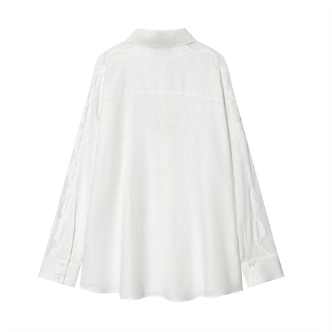 Camisa de Mezcla de Lino Casual Holgada para Mujer Patchwork de Encaje Manga Larga Solapa de Un Solo Pecho Top Blanco