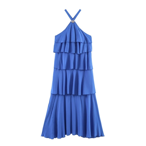 Koningsblauw Halter Maxi Jurk Met Stroken Elegante Ruches Cake Rok Met Metalen Ring Voor Dames Zomer Feest Vakantie