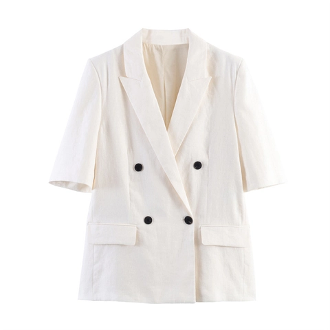 Damen Elegant Kurzarm Leinen Blazer Spitzrevers Zweireihig Off White Casual Büro Anzugjacke Für Damen