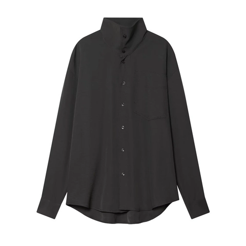 Women's Loose Casual Minimalist Long Sleeve Shirt With Stand Collar Utility Pocket Button Down Polyester Spandex Blouse