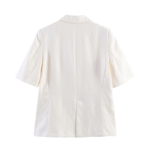 Damen Elegant Kurzarm Leinen Blazer Spitzrevers Zweireihig Off White Casual Büro Anzugjacke Für Damen