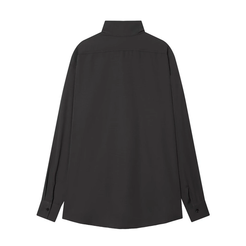 Women's Loose Casual Minimalist Long Sleeve Shirt With Stand Collar Utility Pocket Button Down Polyester Spandex Blouse