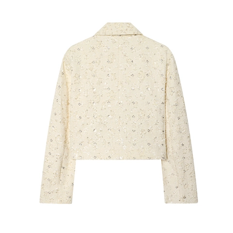 Damen Elegant Aprikose Tweed Blazer Jacke Kurz Langarm Pailletten Künstliche Perle Blumenstickerei Einreihig Revers Outerwear