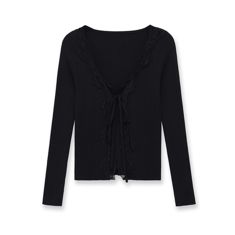 Damen Schwarz Geripptes Strickoberteil Spitze V-Ausschnitt Langarm Slim Fit Patchwork Pullover Vintage Elegant Alltag