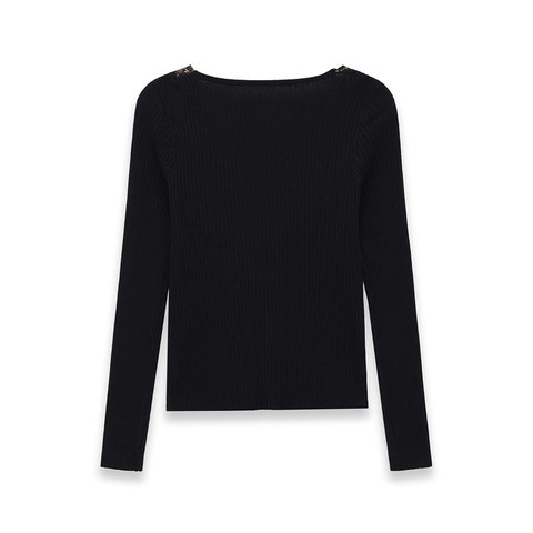 Damen Schwarz Geripptes Strickoberteil Spitze V-Ausschnitt Langarm Slim Fit Patchwork Pullover Vintage Elegant Alltag