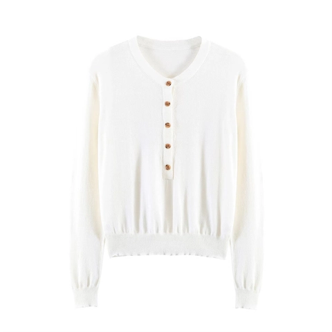 Damen Casual Henley V-Ausschnitt Strickpullover Langarm Rippstrick Knopfleiste Pullover Einfarbig Schmal Geschnitten Strickwaren Top
