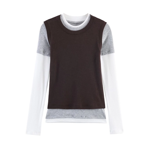 Γυναικείο Mock Layered Μακρυμάνικο T-Shirt Triple Effect Color Block Slim Fit Στρογγυλή Λαιμόκοψη Casual Top Καφέ Γκρι Λευκό