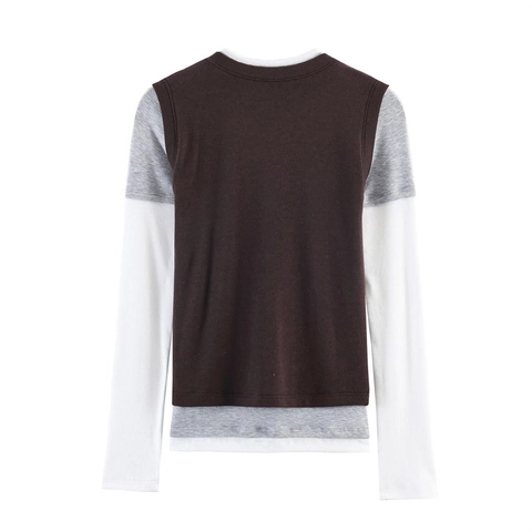 Γυναικείο Mock Layered Μακρυμάνικο T-Shirt Triple Effect Color Block Slim Fit Στρογγυλή Λαιμόκοψη Casual Top Καφέ Γκρι Λευκό