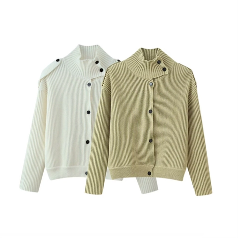 Damen Casual Gerippte Strickjacke Stehkragen Knopfleiste Überschnittene Schulter Wollmischung Lockerer Schnitt Pullover Jacke