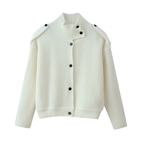 Damen Casual Gerippte Strickjacke Stehkragen Knopfleiste Überschnittene Schulter Wollmischung Lockerer Schnitt Pullover Jacke