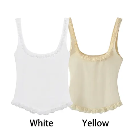 Camiseta de Tirantes Sexy para Mujer con Borde de Encaje de Punto Acanalado Ajustada Sin Mangas Cuello en U Liso