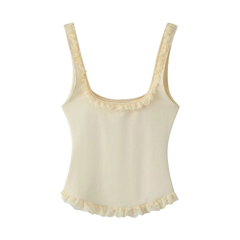 Camiseta de Tirantes Sexy para Mujer con Borde de Encaje de Punto Acanalado Ajustada Sin Mangas Cuello en U Liso