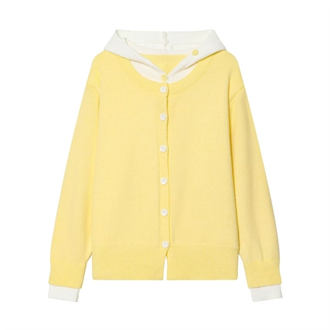 Cardigan in Maglia con Cappuccio a Contrasto da Donna Finto Due Pezzi Monopetto Manica Lunga Maglione Casual