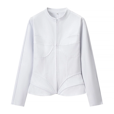 Top da Donna Bianco a Manica Lunga Slim Fit Camicetta con Cuciture Stile Corsetto Strutturale con Bottoni Nascosti Camicia Casual