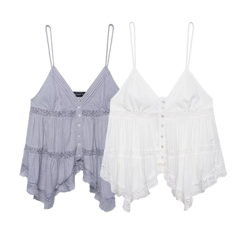 Camiseta de Tirantes Sexy con Cuello en V para Mujer Patchwork de Encaje Ajustada con Botones Dobladillo Irregular Top de Verano