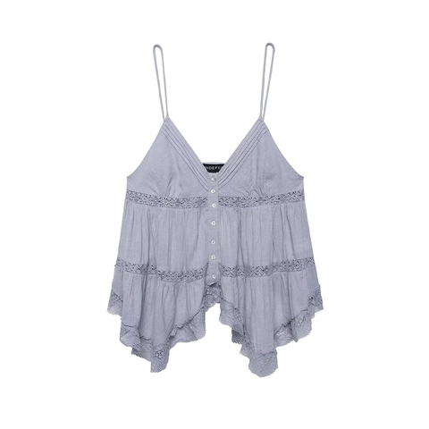 Camiseta de Tirantes Sexy con Cuello en V para Mujer Patchwork de Encaje Ajustada con Botones Dobladillo Irregular Top de Verano
