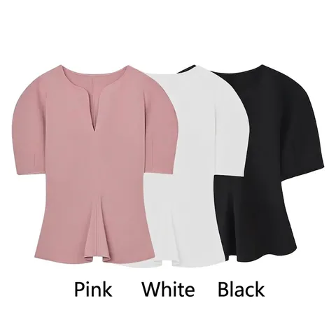 Damen Casual Schößchen Top Eingekerbter Ausschnitt Kurzarm Einfarbig Slim Fit T-Shirt Polyester Büro Commuter Bluse Frühling