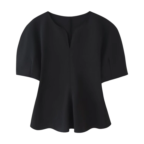 Damen Casual Schößchen Top Eingekerbter Ausschnitt Kurzarm Einfarbig Slim Fit T-Shirt Polyester Büro Commuter Bluse Frühling