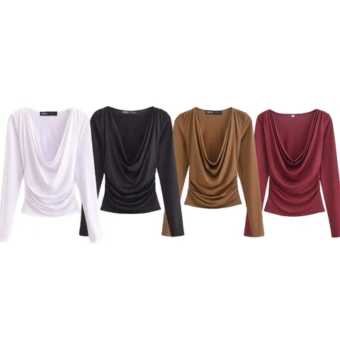Dames Watervalhals Lange Mouw Top Geplooide Zijkant Elegant Effen Kleur Slim Fit V-Hals T-Shirt Blouse Woon-werkstijl